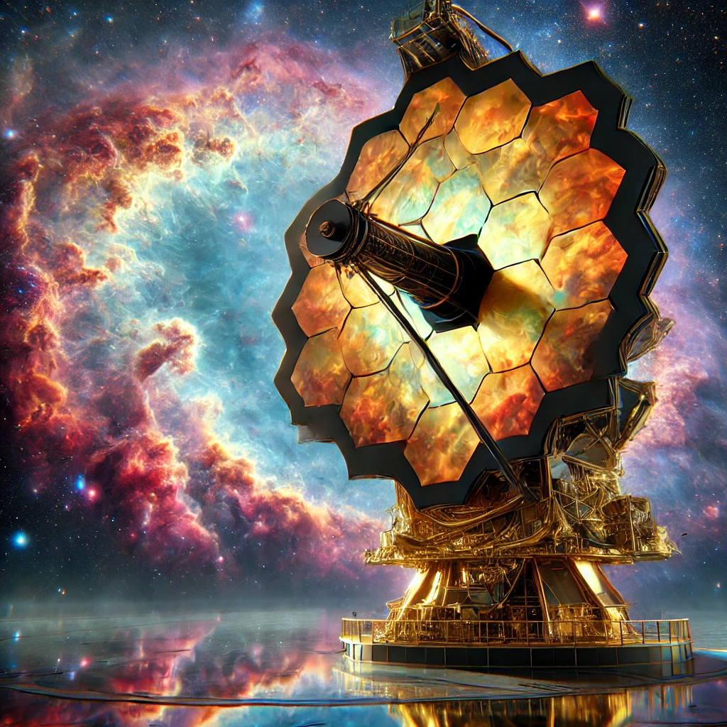 Cena realista do James Webb capturando uma imagem detalhada de uma nebulosa vibrante no universo