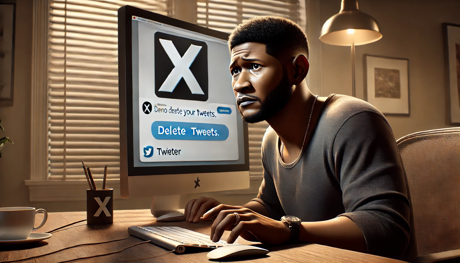 Usher preocupado diante de um computador, prestes a deletar seus tweets