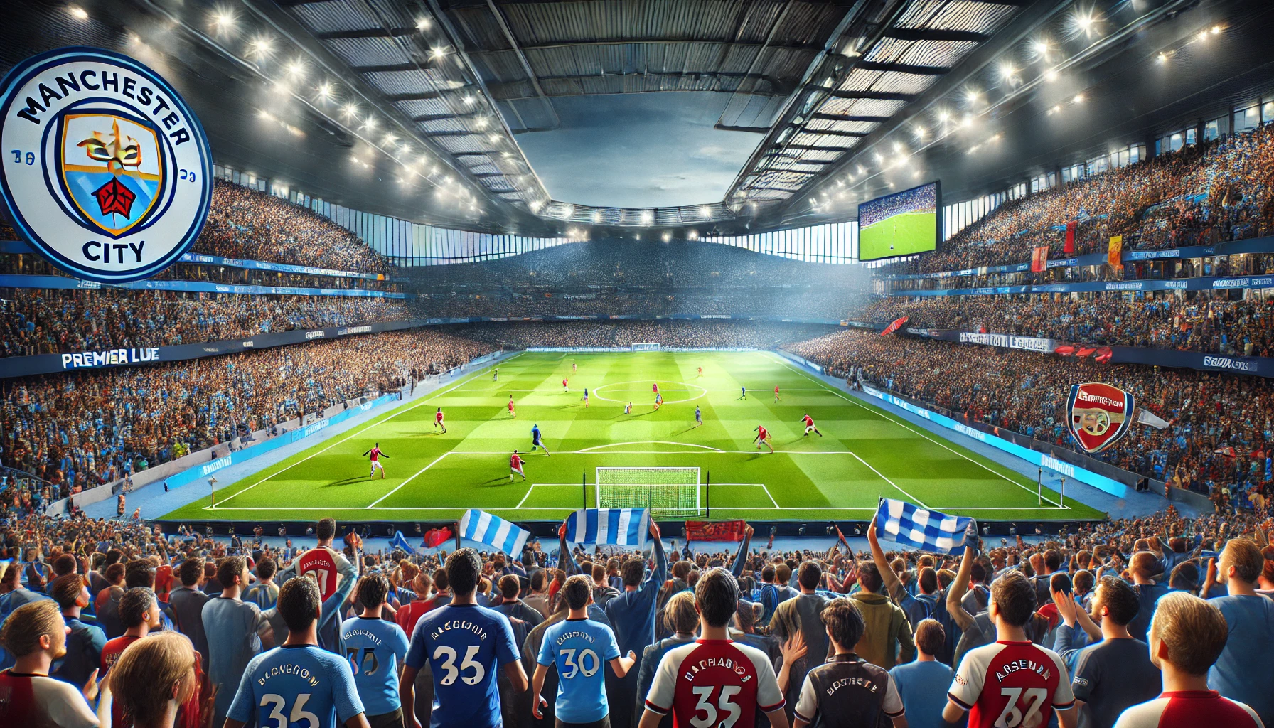 atmosfera vibrante de um estádio da Premier League durante um jogo importante, capturando a energia dos fãs e a intensidade da partida