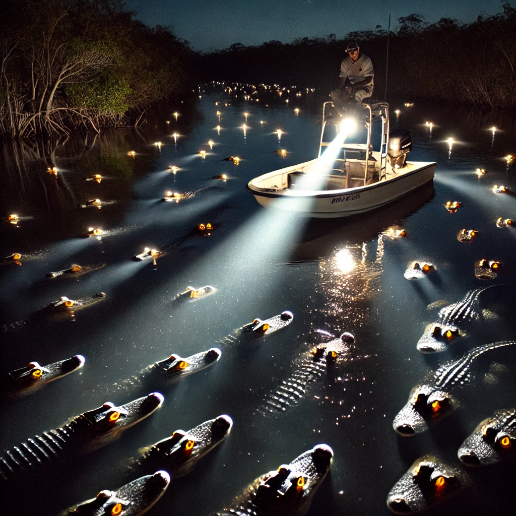 DALL·E-2024-10-25-18.32.51-A-boat-on-a-river-at-night-in-Florida-shining-a-flashlight-across-the-water-and-revealing-dozens-of-glowing-alligator-eyes.-The-scene-is-eerie-with- Veja Viral do TikTok de Rio com Dezenas de Jacarés à Noite
