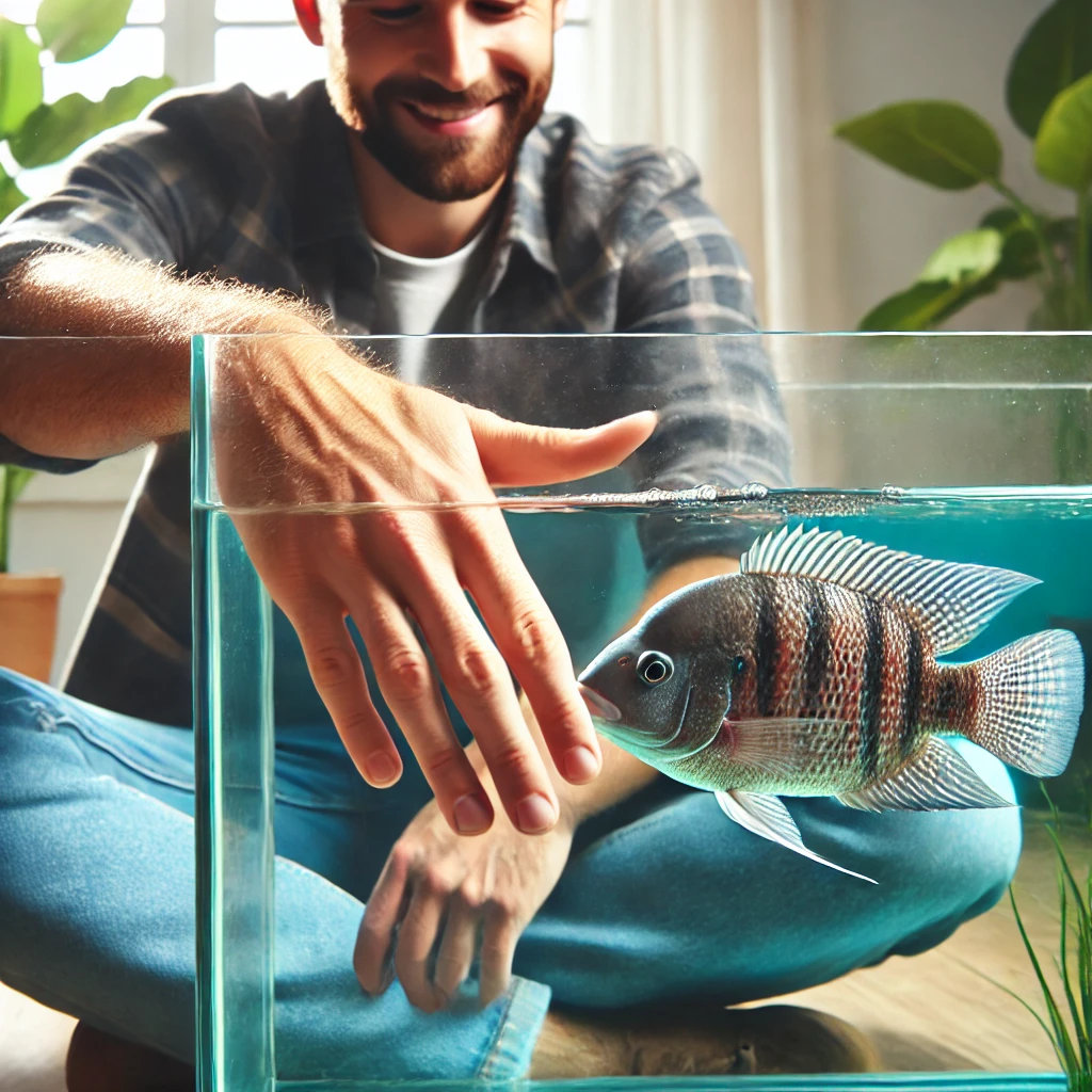DALL·E-2024-10-26-16.51.25-A-man-sitting-next-to-an-aquarium-gently-petting-a-tilapia-fish-inside-the-water.-The-tilapia-seems-to-enjoy-the-affection-swimming-close-to-the-man Tilápia de Estimação? Viral Mostra Homem Fazendo Carinho