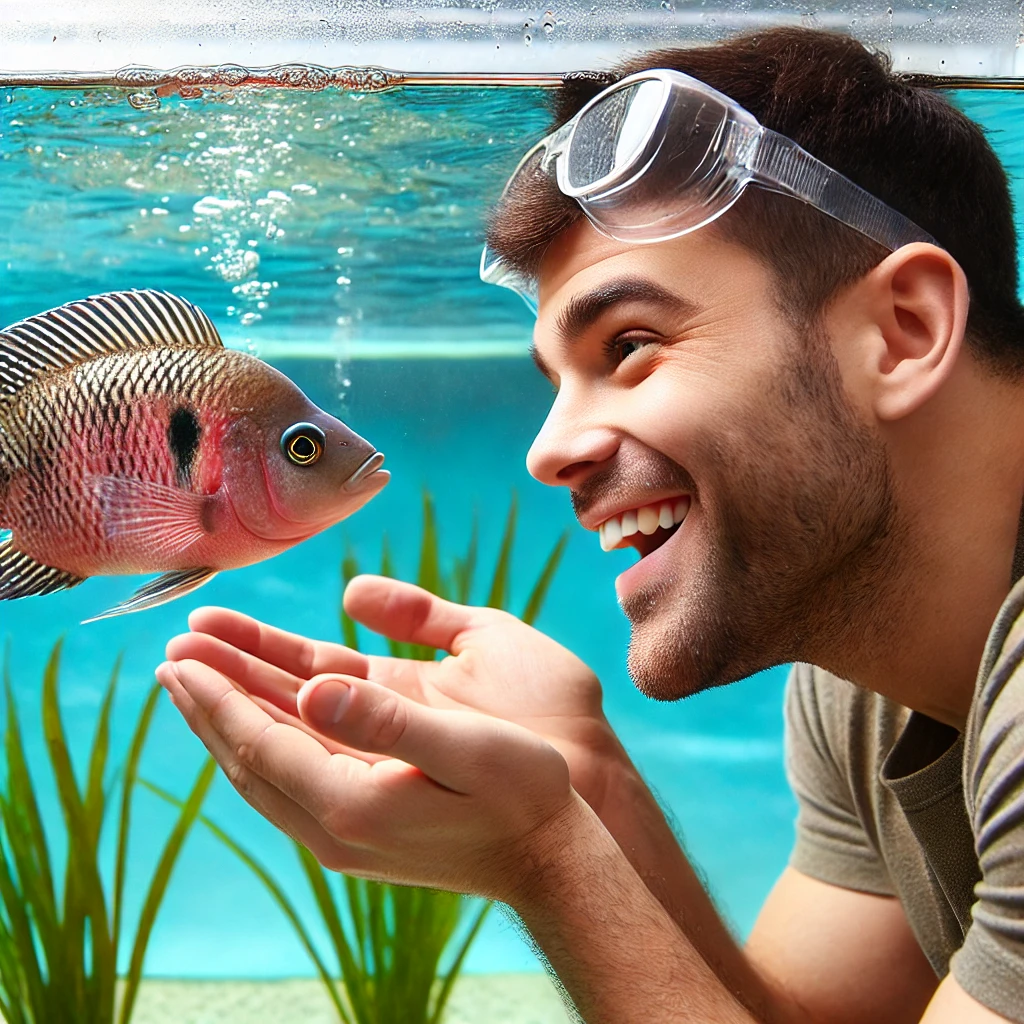 DALL·E-2024-10-26-16.51.29-A-playful-scene-of-a-man-interacting-with-a-tilapia-fish-in-an-aquarium-showing-a-lighthearted-moment-where-the-fish-swims-close-to-the-mans-hand-a Tilápia de Estimação? Viral Mostra Homem Fazendo Carinho