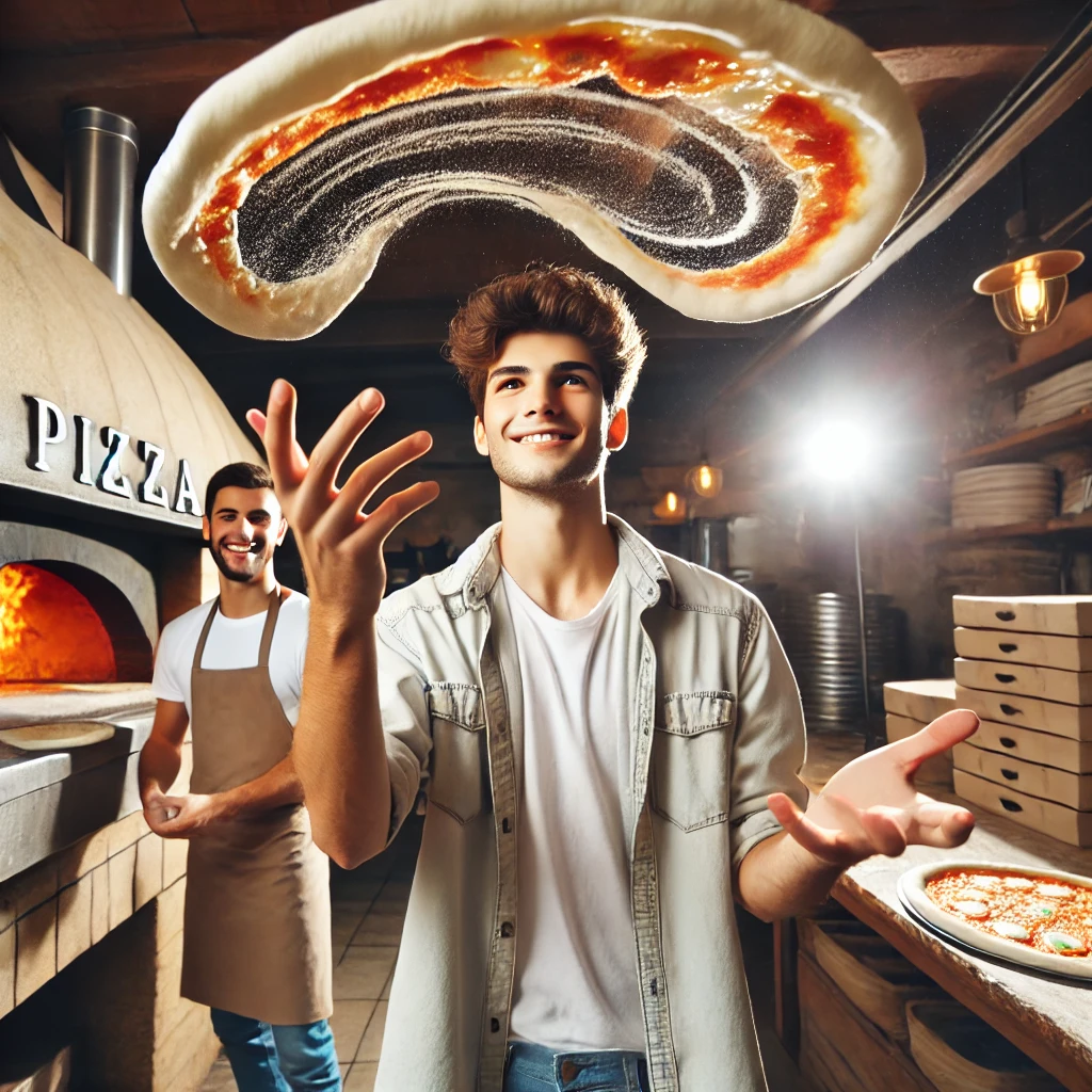 DALL·E-2024-10-26-17.05.04-A-young-man-in-a-pizzeria-tossing-pizza-dough-high-in-the-air-with-a-playful-expression.-The-dough-is-spinning-above-his-head-capturing-the-fun-and-l Jovem Faz Truques com Massa ao Som de Rihanna e Viraliza!
