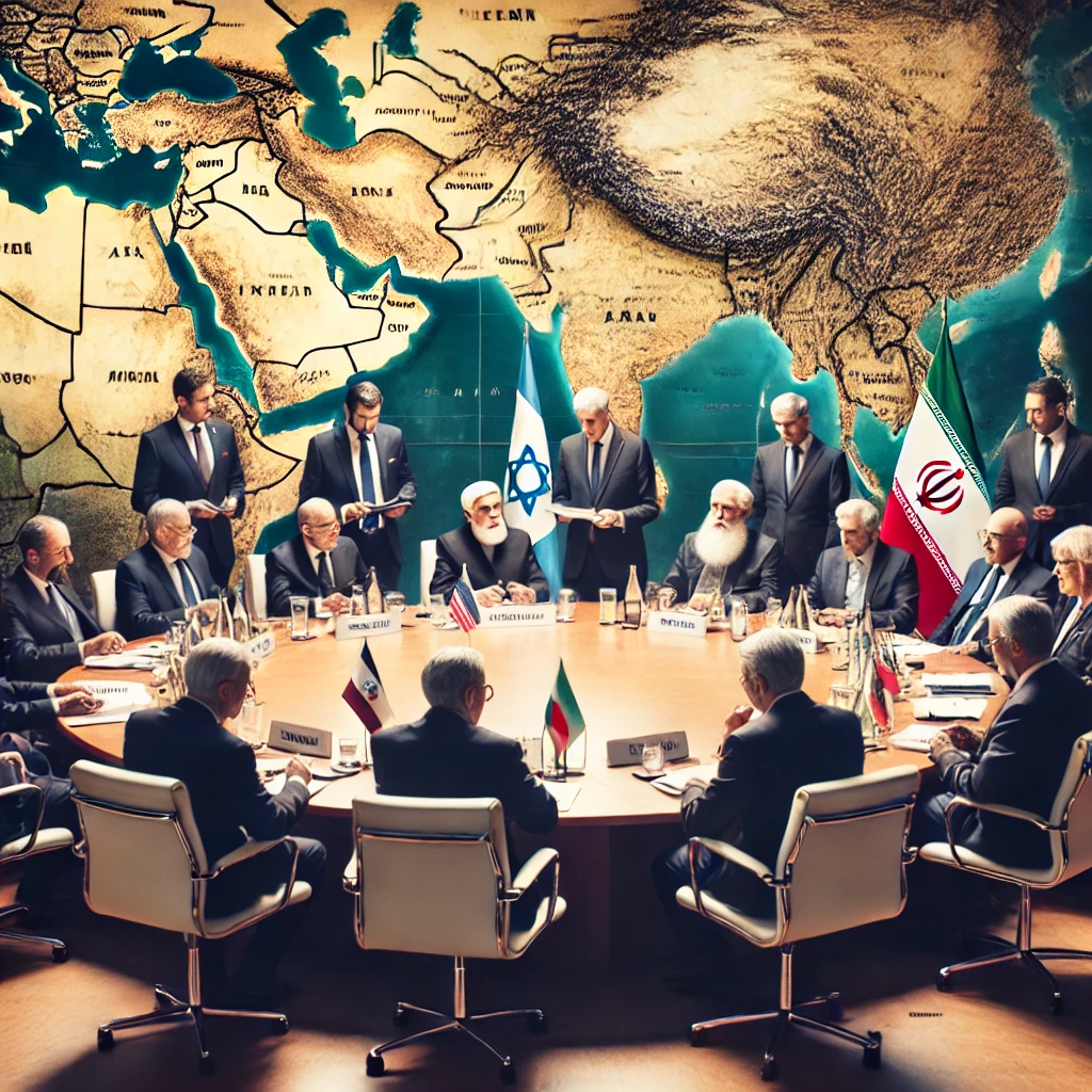 DALL·E-2024-10-27-16.25.22-An-international-diplomatic-meeting-focused-on-the-Israel-Iran-conflict.-The-scene-shows-leaders-from-different-countries-including-the-United-Nation Conflito: O que está acontecendo entre Israel e Irã?