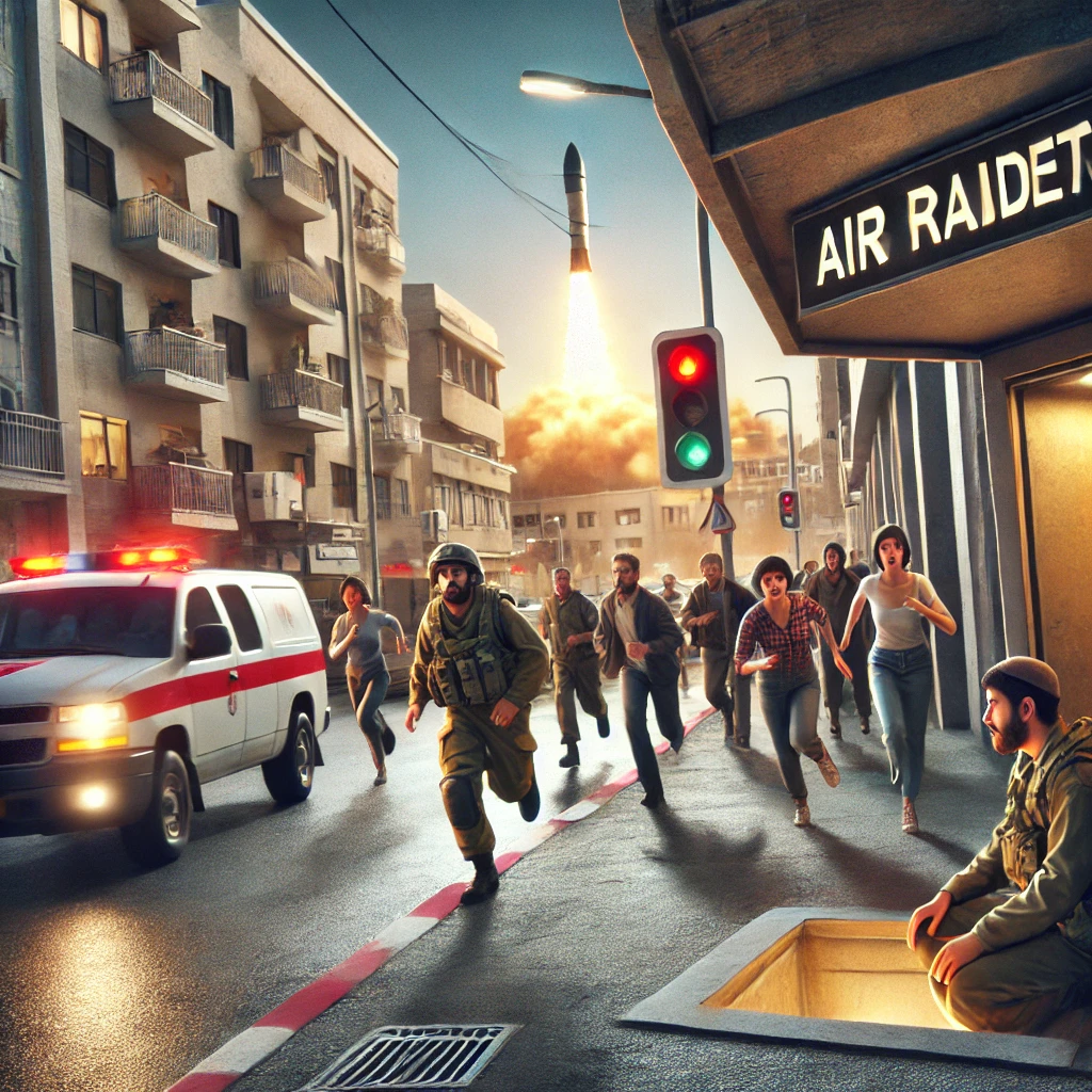 DALL·E-2024-10-27-16.25.26-A-scene-of-civilians-in-Israel-taking-shelter-during-an-air-raid-alert-caused-by-incoming-Iranian-missiles.-The-image-shows-people-running-toward-a-bo Conflito: O que está acontecendo entre Israel e Irã?