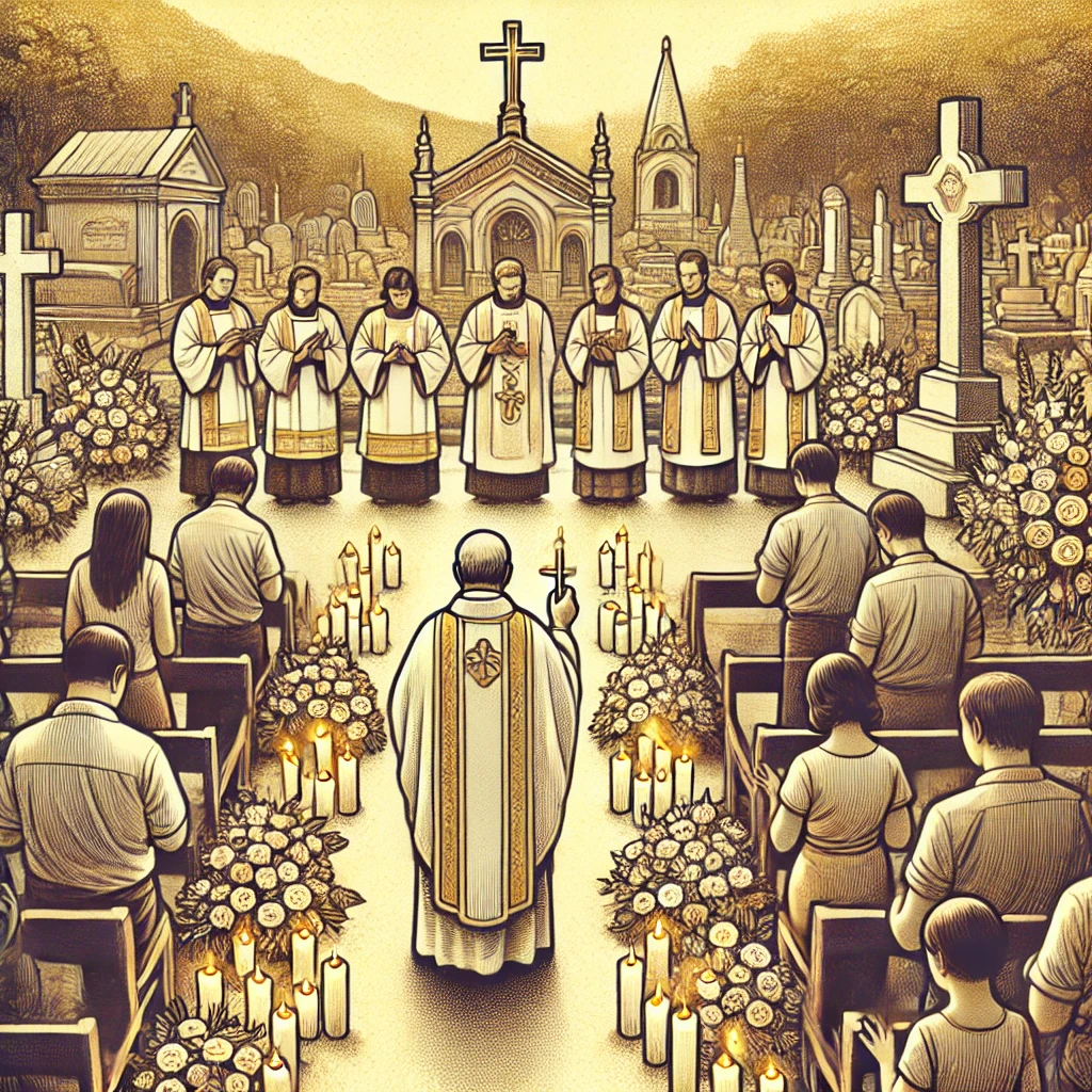 DALL·E-2024-10-28-10.15.06-An-illustration-of-a-traditional-Catholic-mass-being-held-outdoors-at-a-cemetery-for-Dia-de-Finados-in-Brazil.-The-scene-shows-a-priest-leading-a-smal O que é o Dia de Finados? Significado, História e Mais