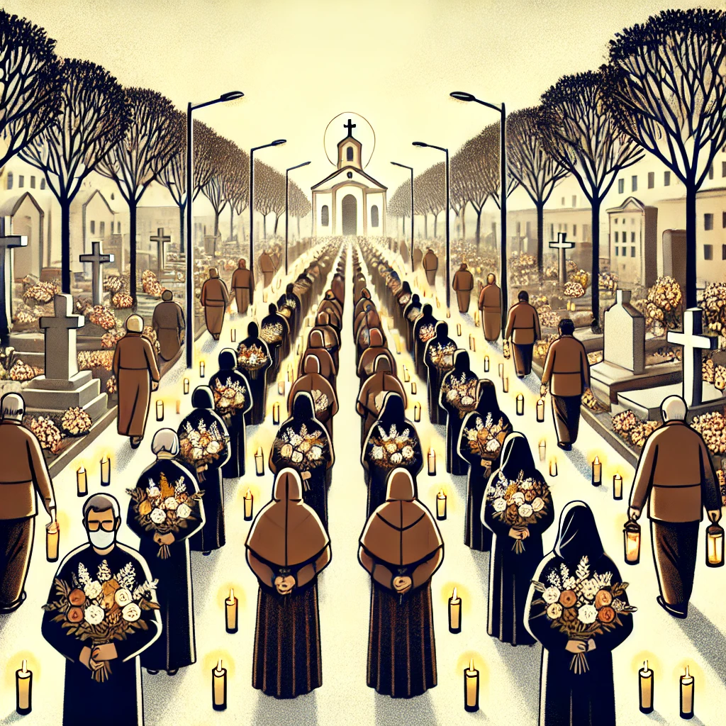 DALL·E-2024-10-28-10.15.19-An-illustration-of-a-solemn-Dia-de-Finados-procession-in-a-Brazilian-cemetery.-People-are-walking-quietly-with-flowers-and-candles-in-hand-wearing-mo O que é o Dia de Finados? Significado, História e Mais