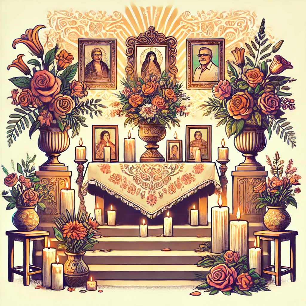 DALL·E-2024-10-28-10.15.27-An-illustration-of-an-altar-set-up-for-Dia-de-Finados-featuring-flowers-candles-and-photos-of-deceased-loved-ones.-The-altar-is-beautifully-decorat O que é o Dia de Finados? Significado, História e Mais