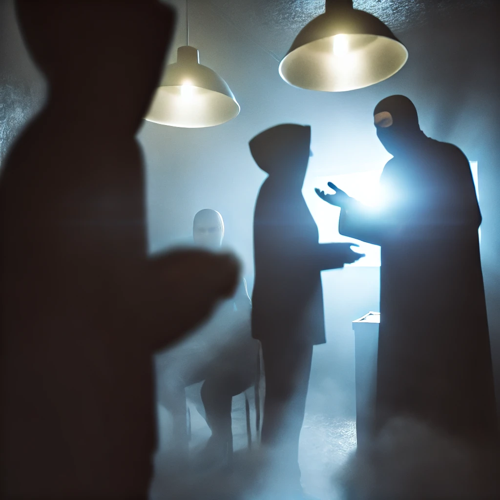 DALL·E-2024-10-28-10.35.12-A-mysterious-figure-interacting-with-another-person-in-a-shadowy-dimly-lit-room.-The-figures-are-engaged-in-a-serious-discussion-adding-to-the-sense Michael Jackson Vivo? Teorias Mais Loucas Sobre Sua Morte