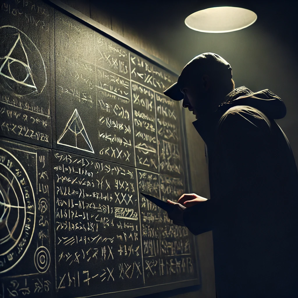 DALL·E-2024-10-28-10.35.14-A-dark-scene-showing-a-mysterious-figure-analyzing-cryptic-messages-or-symbols-on-a-wall.-The-environment-is-dimly-lit-with-shadows-accentuating-the- Michael Jackson Vivo? Teorias Mais Loucas Sobre Sua Morte