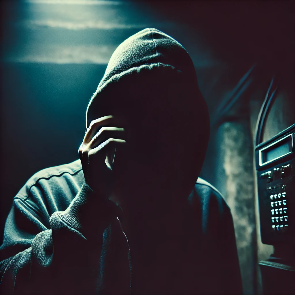 DALL·E-2024-10-28-10.35.16-A-mysterious-figure-making-a-phone-call-in-a-dark-eerie-room.-The-figure-is-partially-obscured-with-dim-lighting-creating-shadows.-The-atmosphere-is Michael Jackson Vivo? Teorias Mais Loucas Sobre Sua Morte