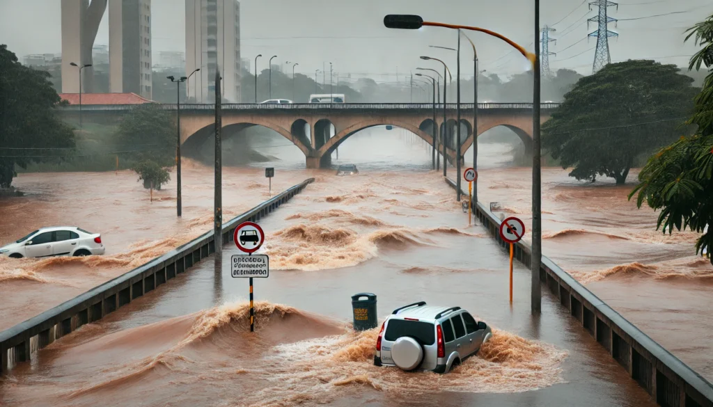 DALL·E-2024-10-28-19.41.18-An-image-of-a-heavy-rainstorm-in-Campinas-Brazil-showing-a-flooded-street-near-a-bridge-with-strong-currents-of-water-flowing-rapidly.-The-water-le-1024x585 Jovem de 18 Anos Encontrada Morta Após Enxurrada em Campinas