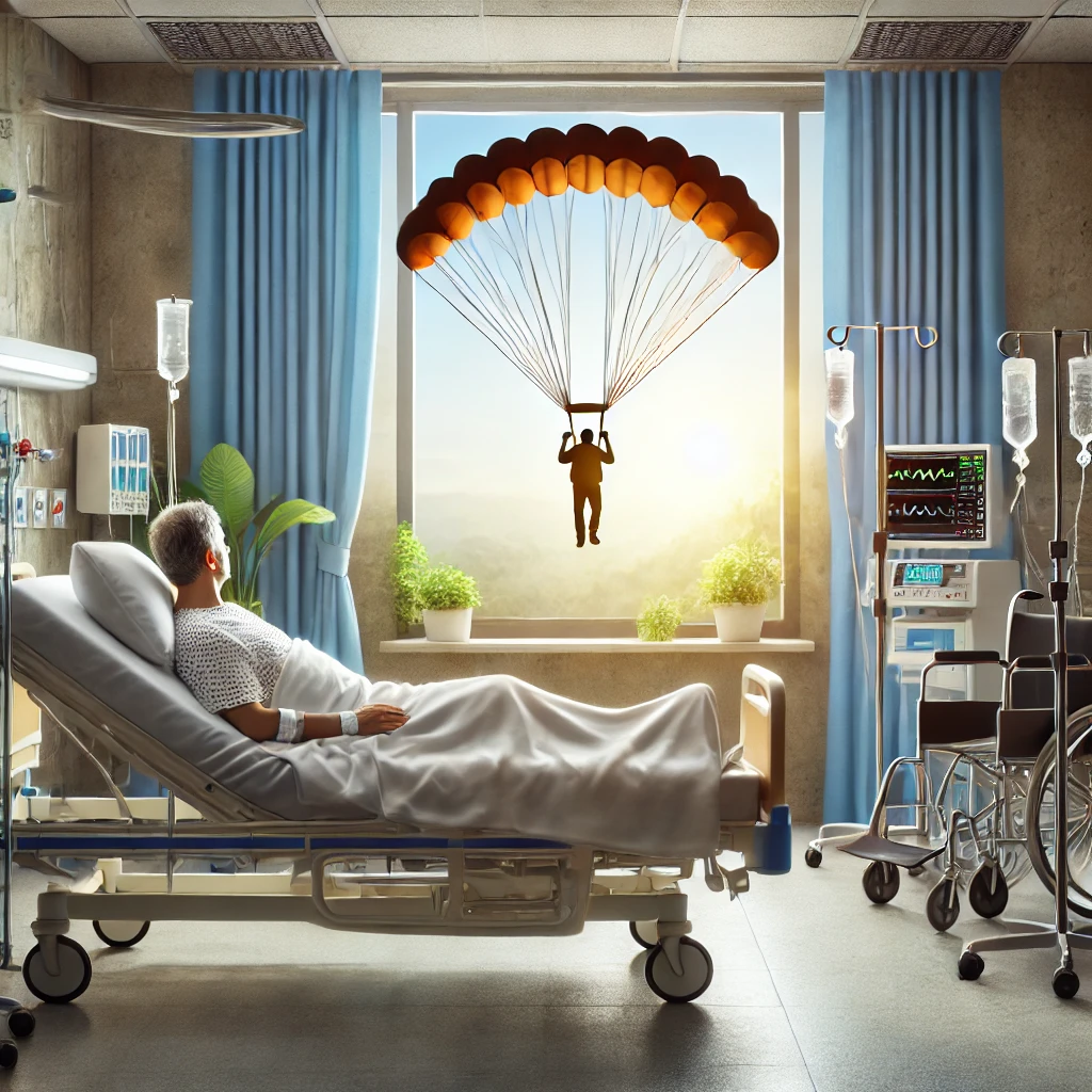 DALL·E-2024-10-28-20.43.51-An-image-of-a-hospital-room-showing-a-man-recovering-after-a-parachuting-accident.-The-man-is-in-a-hospital-bed-with-medical-equipment-around-and-a-w Vídeo Homem Sofre Acidente de Paraquedas em Boituva