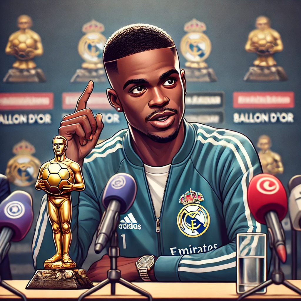 DALL·E-2024-10-29-11.22.19-An-image-of-Vinicius-Junior-during-a-press-conference-confidently-talking-about-his-ambition-to-win-the-Ballon-dOr.-The-scene-should-depict-him-in-f Vini Jr. Declara Guerra Pela Bola de Ouro: Melhor do Mundo!
