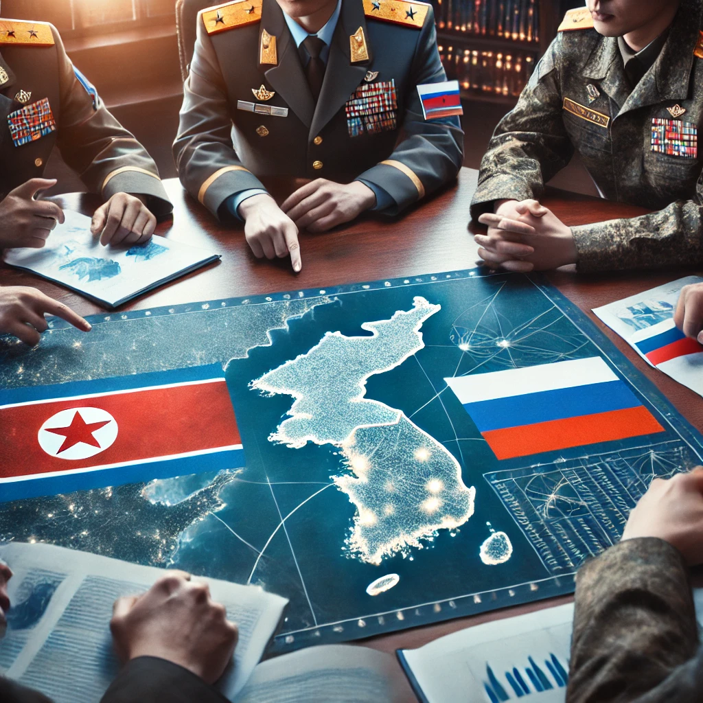 DALL·E-2024-10-29-11.47.03-An-image-of-a-military-briefing-between-North-Korean-and-Russian-officers-showcasing-maps-and-strategic-discussions.-The-atmosphere-should-be-serious Soldados Norte-Coreanos são Enviados à Rússia