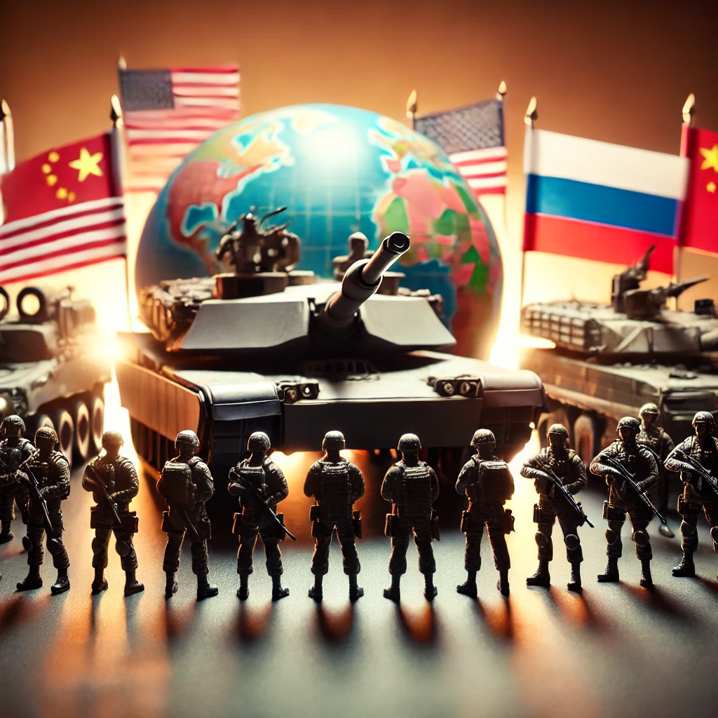 DALL·E-2024-10-29-12.00.26-An-image-of-military-tanks-and-soldiers-from-different-countries-standing-in-a-tense-standoff.-The-scene-should-represent-global-conflict-with-a-focu Quais São as Chances de uma Terceira Guerra Mundial?
