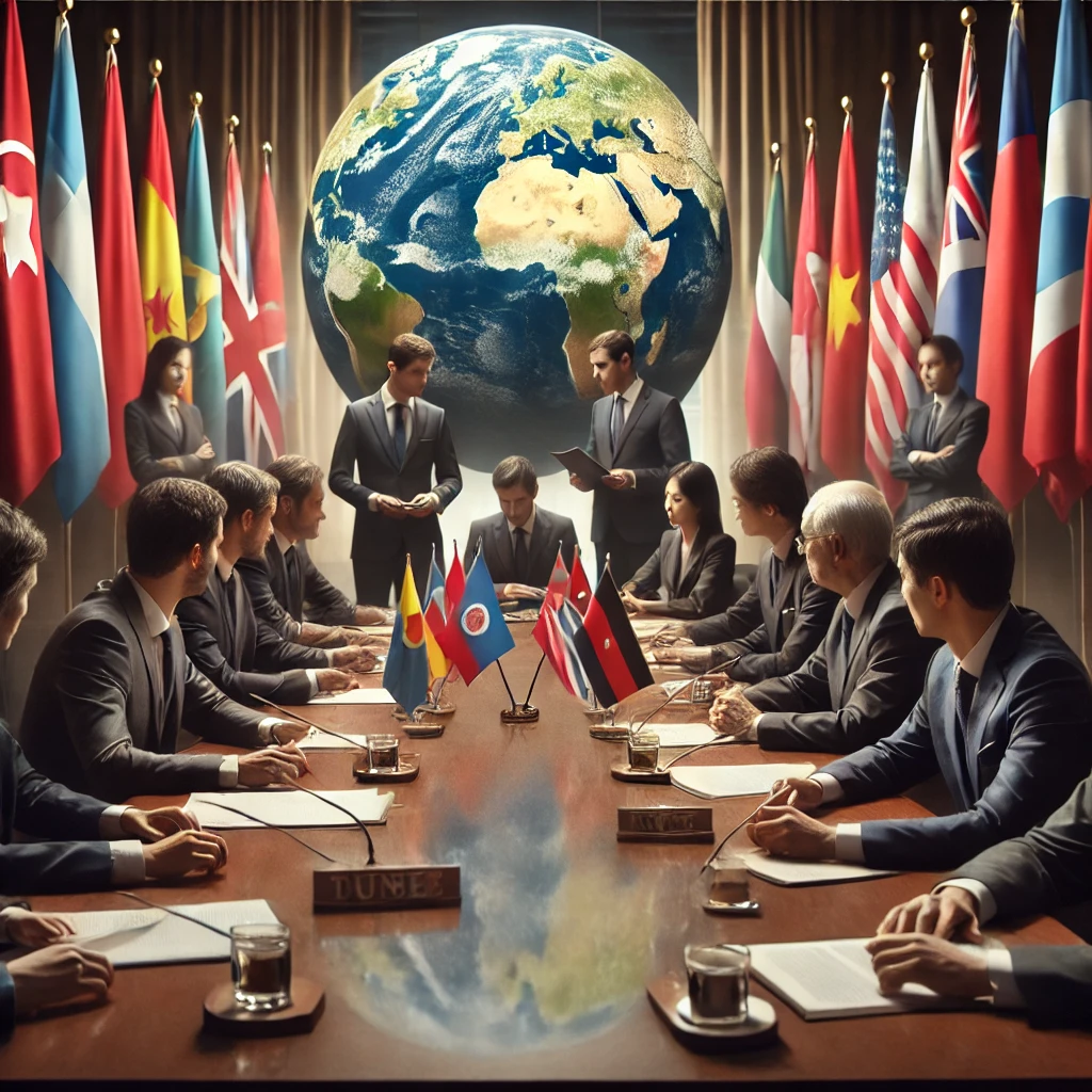 DALL·E-2024-10-29-12.00.29-An-image-showing-a-group-of-international-diplomats-in-a-tense-discussion-around-a-negotiation-table-symbolizing-diplomatic-efforts-to-prevent-a-Thir Quais São as Chances de uma Terceira Guerra Mundial?