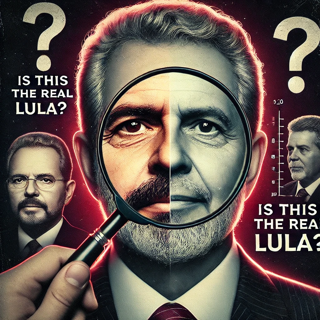DALL·E-2024-10-30-10.15.40-An-image-illustrating-a-conspiracy-theory-about-a-supposed-lookalike-of-former-Brazilian-president-Lula.-Show-a-close-up-of-Lulas-face-with-a-magnify Lula foi substituído por um sósia? Teoria da Conspiração?