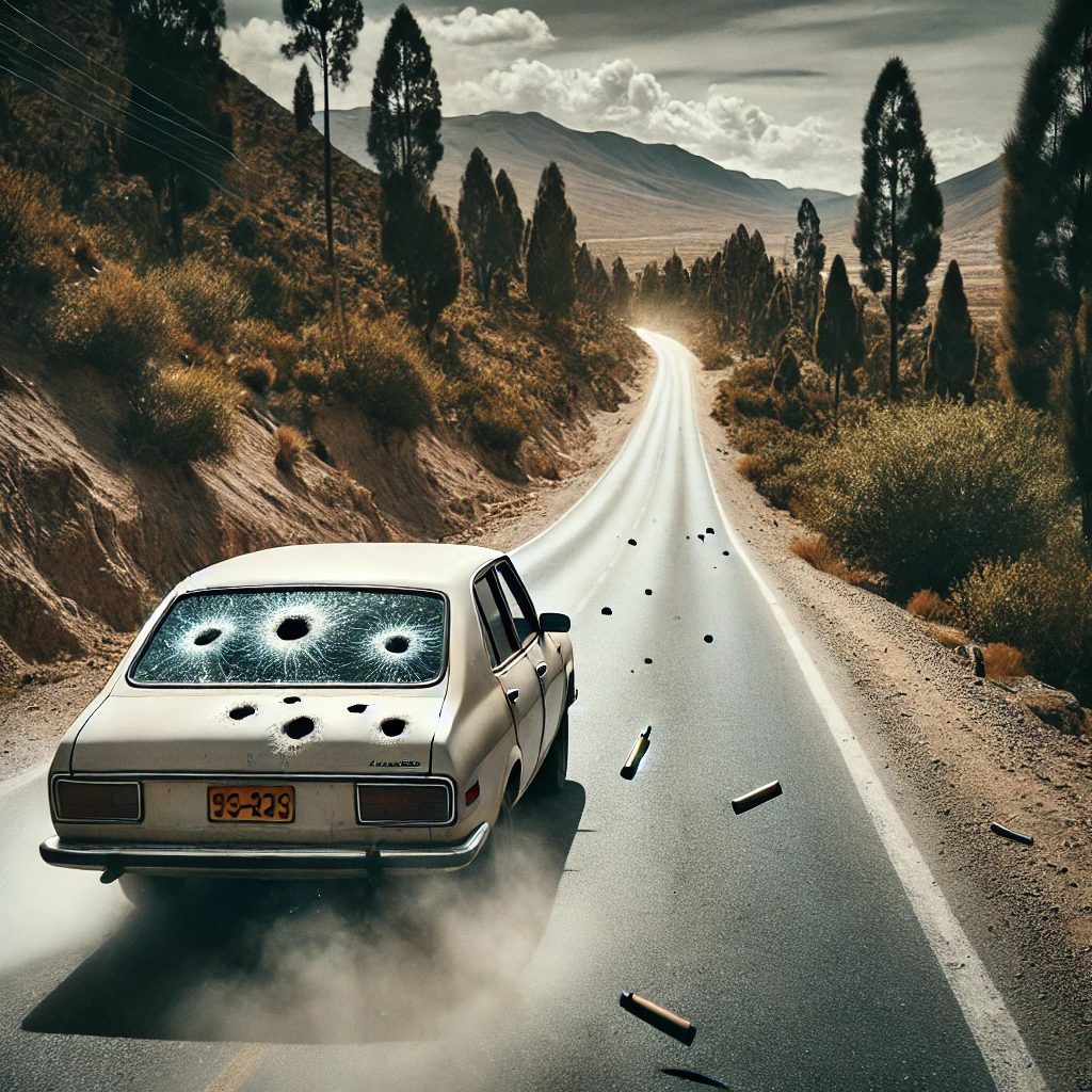 DALL·E-2024-10-30-10.38.18-A-tense-image-of-a-bullet-riddled-car-fleeing-on-a-Bolivian-road-during-a-dramatic-assassination-attempt.-The-scene-should-depict-the-back-of-the-car- Tentativa de Assassinato Contra Político Boliviano, Assista!