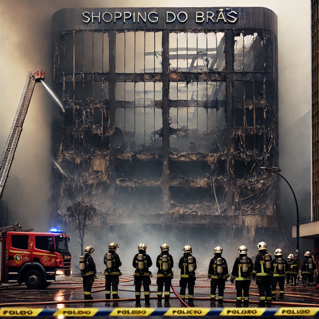 DALL·E-2024-10-30-10.46.11-An-image-showing-the-aftermath-of-a-fire-at-the-Shopping-do-Bras-in-Sao-Paulo.-The-scene-depicts-the-damaged-exterior-of-the-building-with-dark-smoke- Incêndio no Shopping do Brás? Tumulto em São Paulo, Assista!