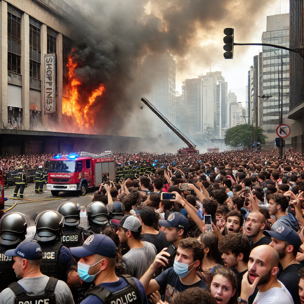 DALL·E-2024-10-30-10.46.14-A-chaotic-scene-outside-the-Shopping-do-Bras-in-Sao-Paulo-during-a-fire-incident-on-October-30-2024.-Show-a-crowd-of-people-gathered-behind-police-ba Incêndio no Shopping do Brás? Tumulto em São Paulo, Assista!