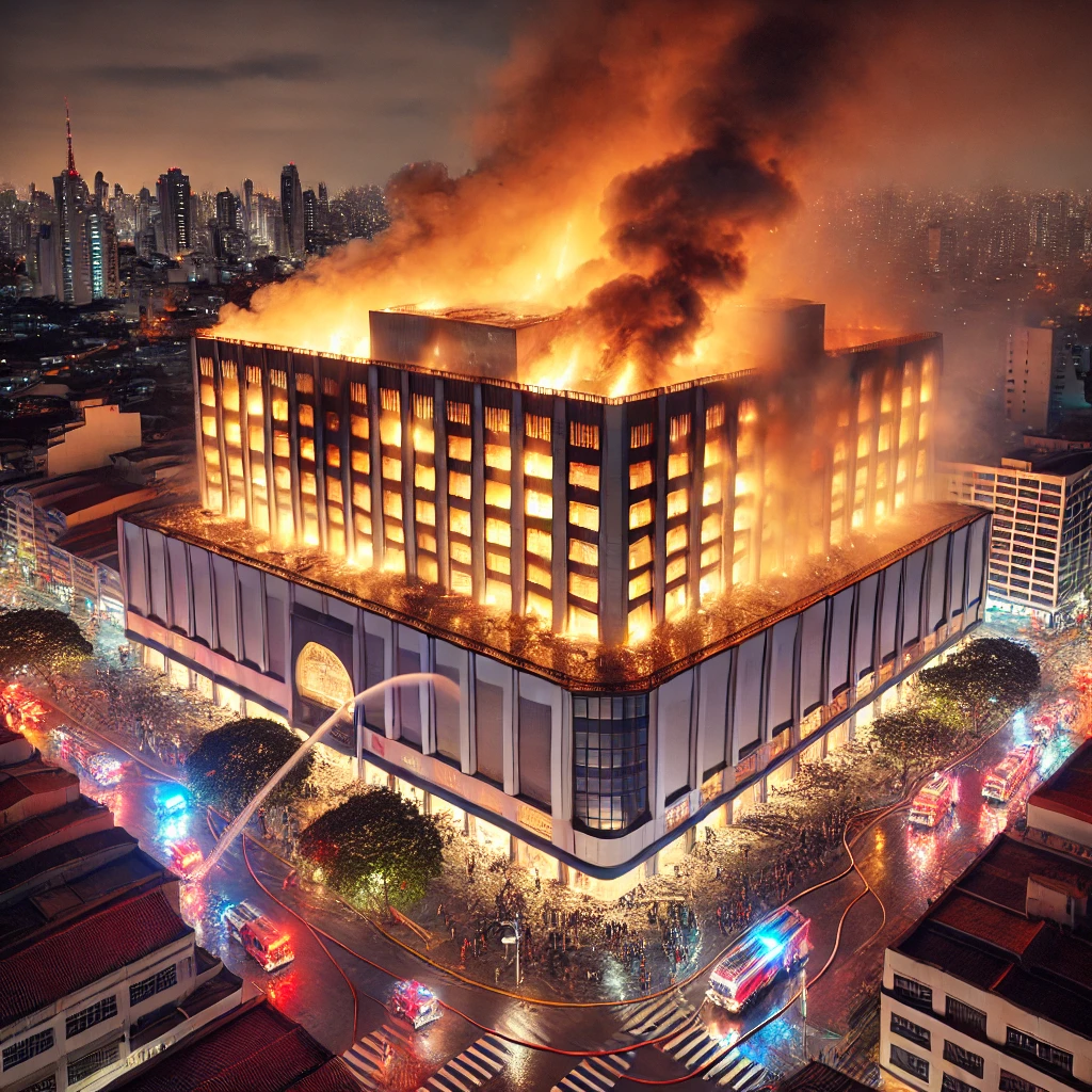 DALL·E-2024-10-31-12.25.25-Image-of-a-large-shopping-building-engulfed-in-flames-during-the-night-representing-a-fire-at-a-commercial-area-in-Sao-Paulos-25-de-Marco.-The-fire- Por Que o Shopping da 25 de Março em São Paulo Pegou Fogo?