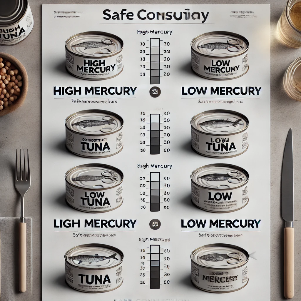 DALL·E-2024-10-31-12.35.53-A-detailed-image-showing-a-comparison-between-different-types-of-tuna-in-cans-labeled-with-mercury-levels.-The-cans-are-arranged-with-text-indicating- Mercúrio no Atum Enlatado? O Que Você Precisa Saber