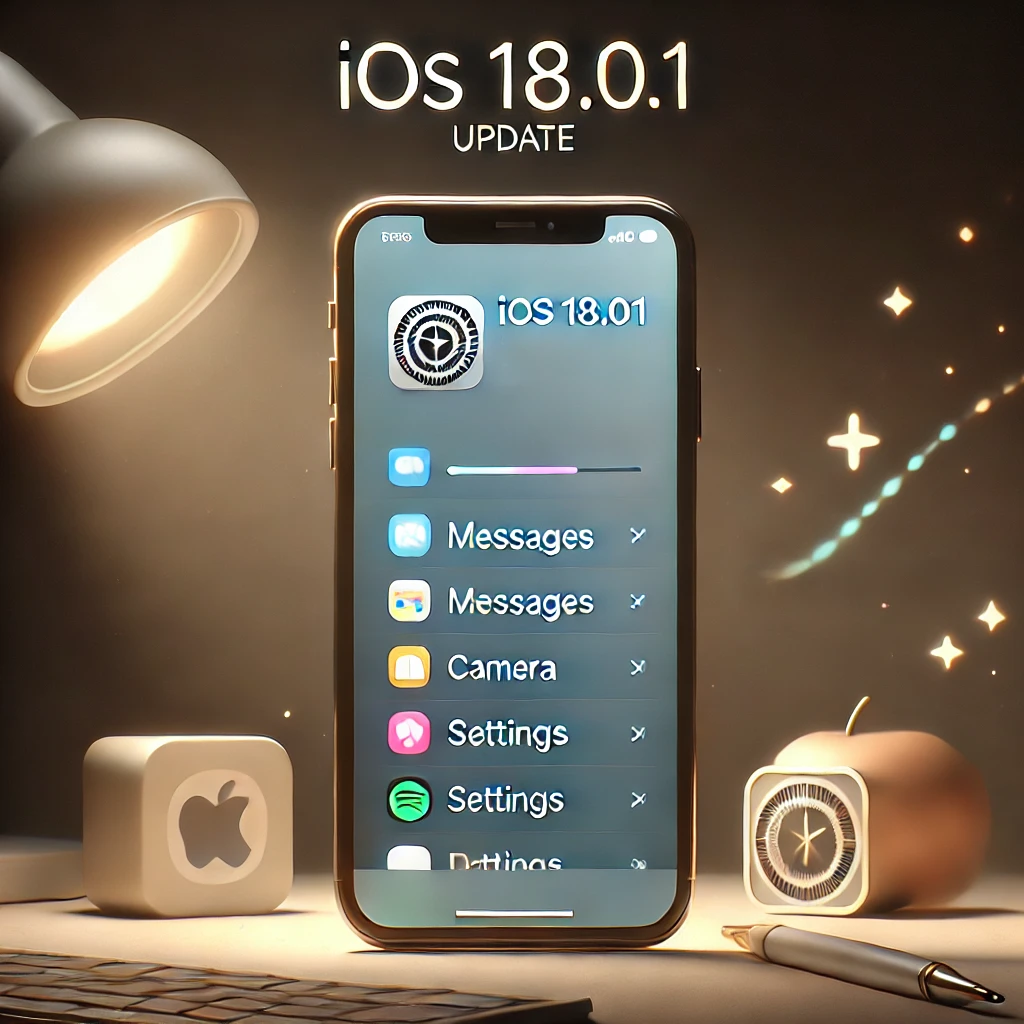 atualização do iOS 18.0.1, destacando ícones representativos das melhorias, como câmera e mensagens, com uma estética moderna e brilho sutil para enfatizar a novidade e a estabilidade