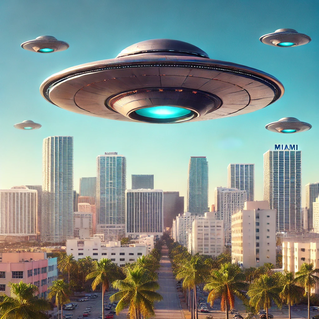 discos voadores em Miami, mostrando o skyline da cidade com OVNIs no céu claro