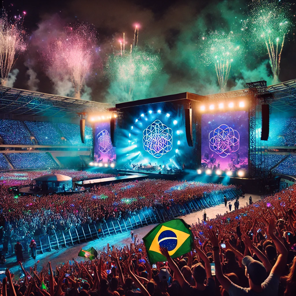 Cena de show do Coldplay no Brasil com palco iluminado em azul, roxo e verde, multidão de fãs vibrando com bandeiras do Brasil, fogos de artifício e confete ao fundo, representando a energia e o clima vibrante do show noturno