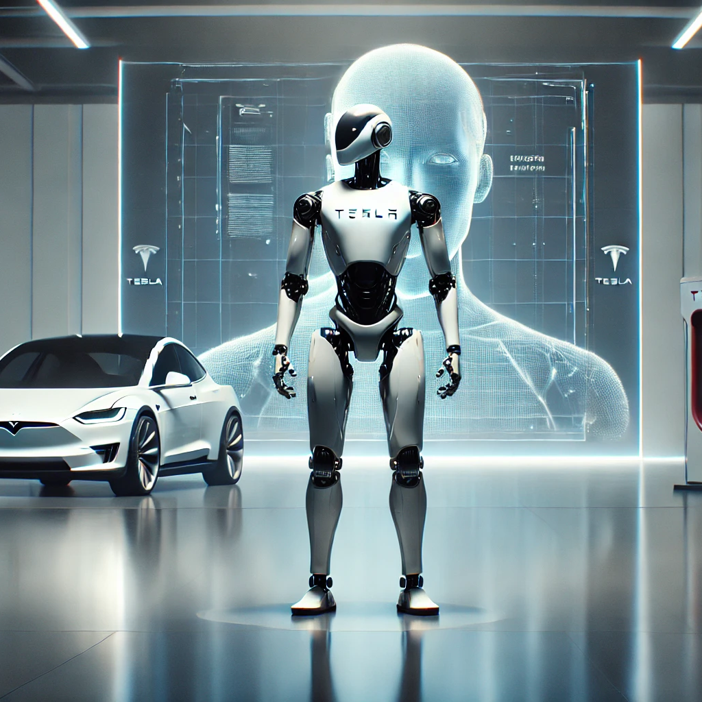 robô Optimus da Tesla em um ambiente de alta tecnologia. O robô exibe um design avançado, em uma pose confiante que destaca suas capacidades e inteligência