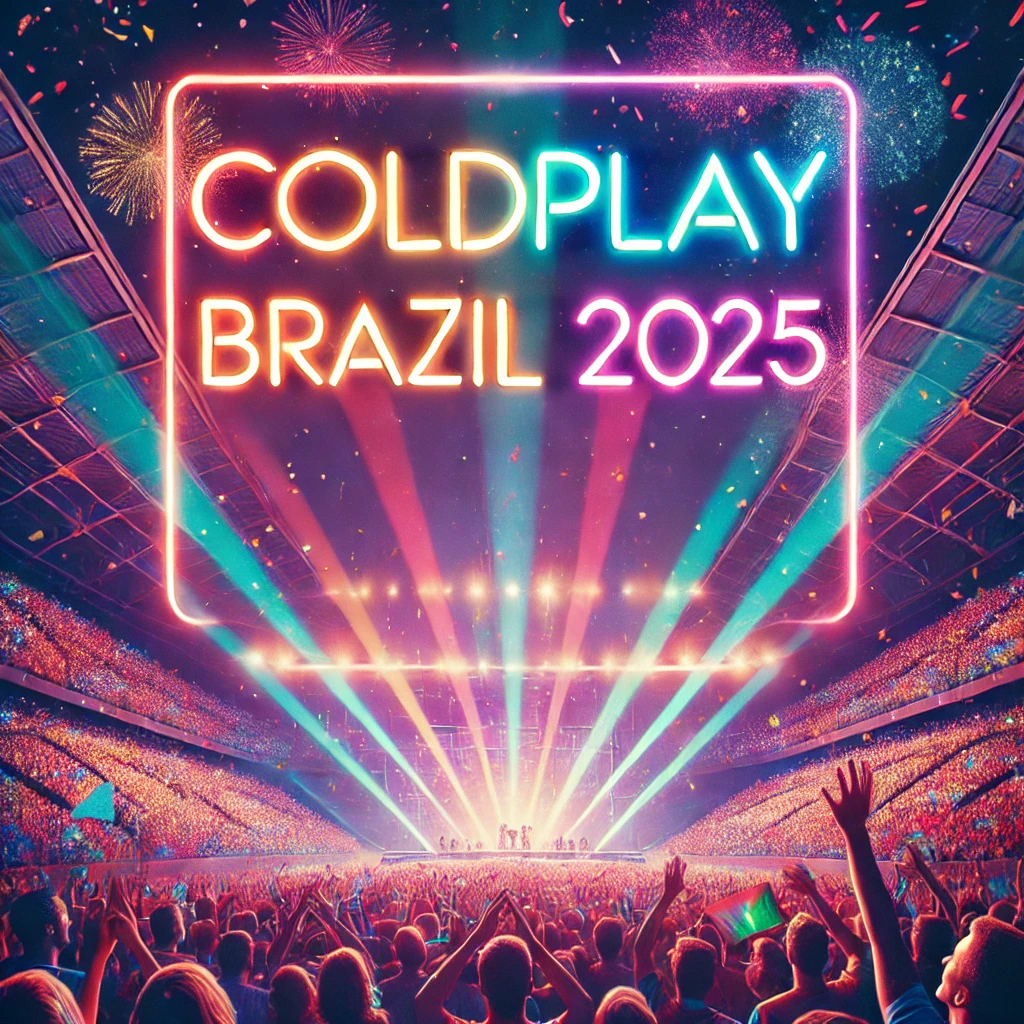 show do Coldplay no Brasil em 2025, com iluminação colorida e confetes espalhados no ar