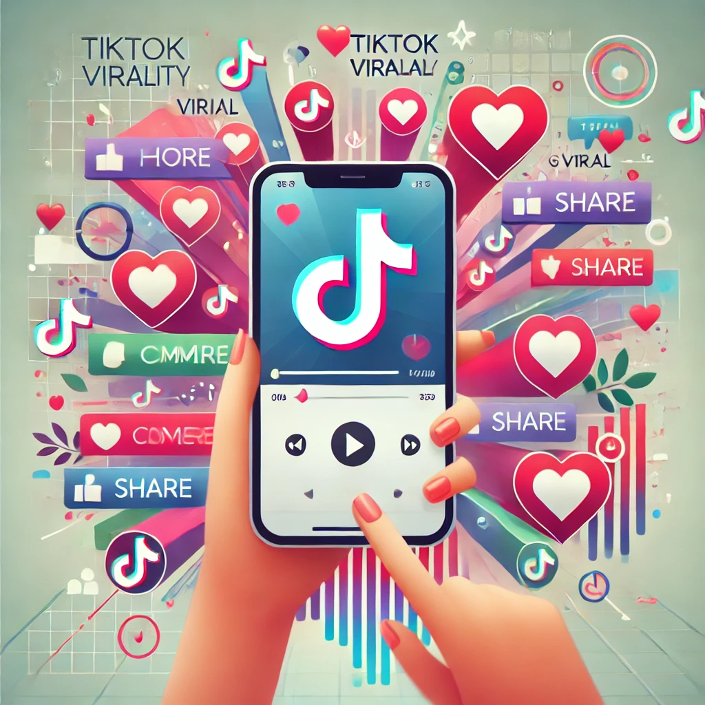 viralidade no TikTok, mostrando uma tela de celular com um vídeo cercado por ícones de curtidas, comentários e compartilhamentos