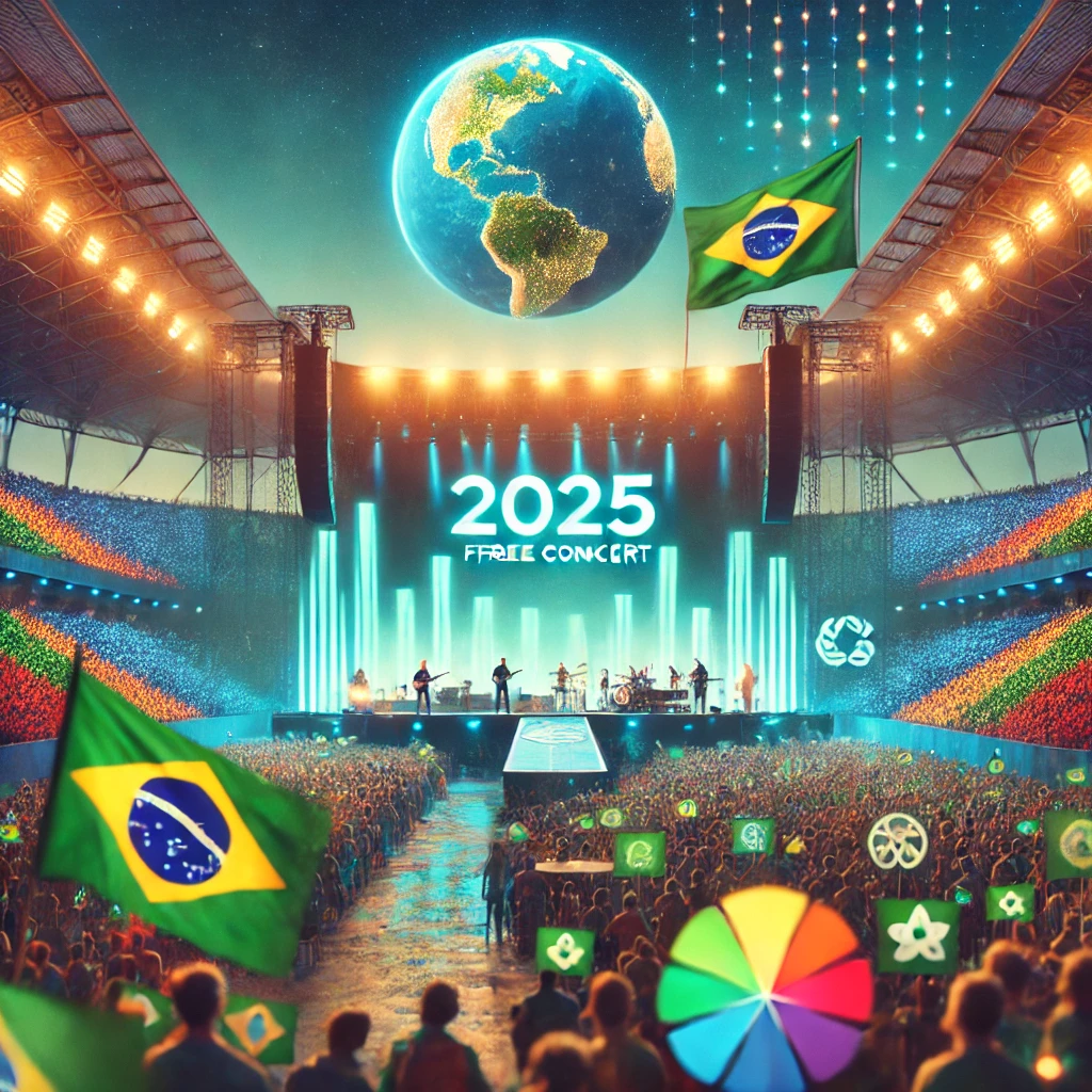 show do Coldplay no Brasil em 2025, com a banda no palco, bandeiras brasileiras e símbolos de sustentabilidade, capturando o foco ambiental e a empolgação desse evento especial