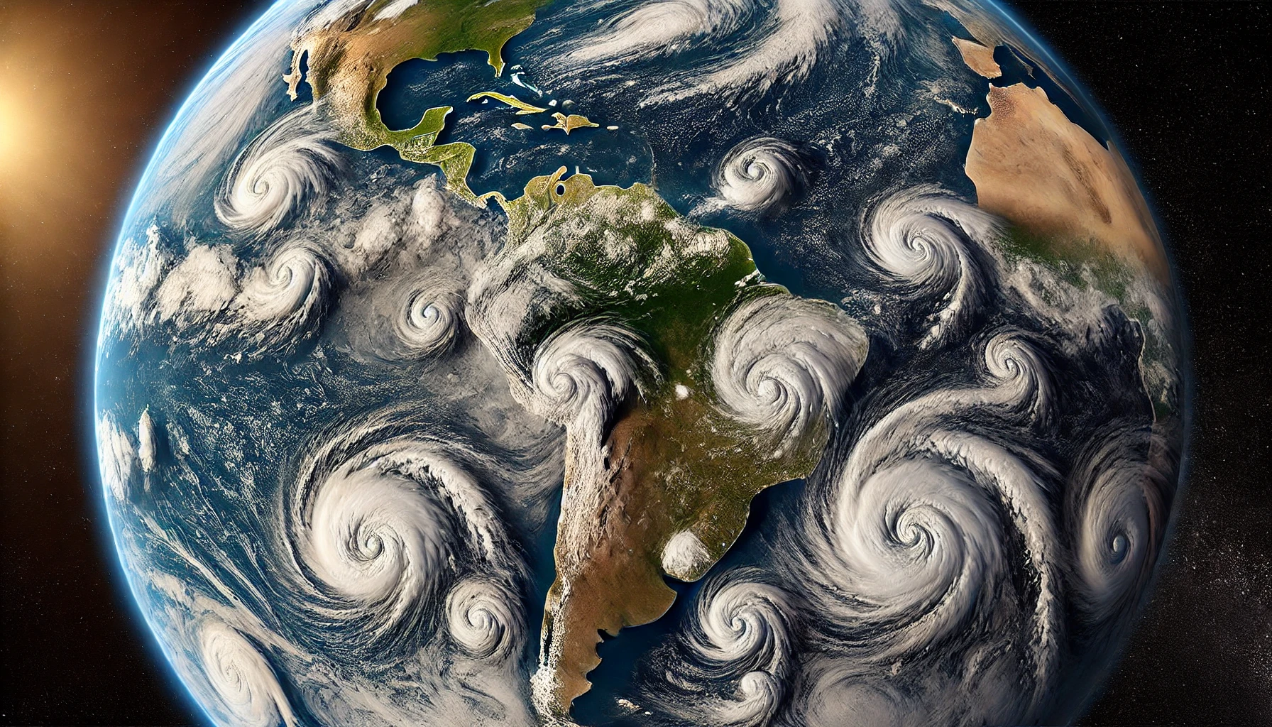 imagem de satélite simulando a formação de diversos furacões próximos à costa do Brasil, destacando a movimentação atmosférica e as nuvens espirais características dos ciclones