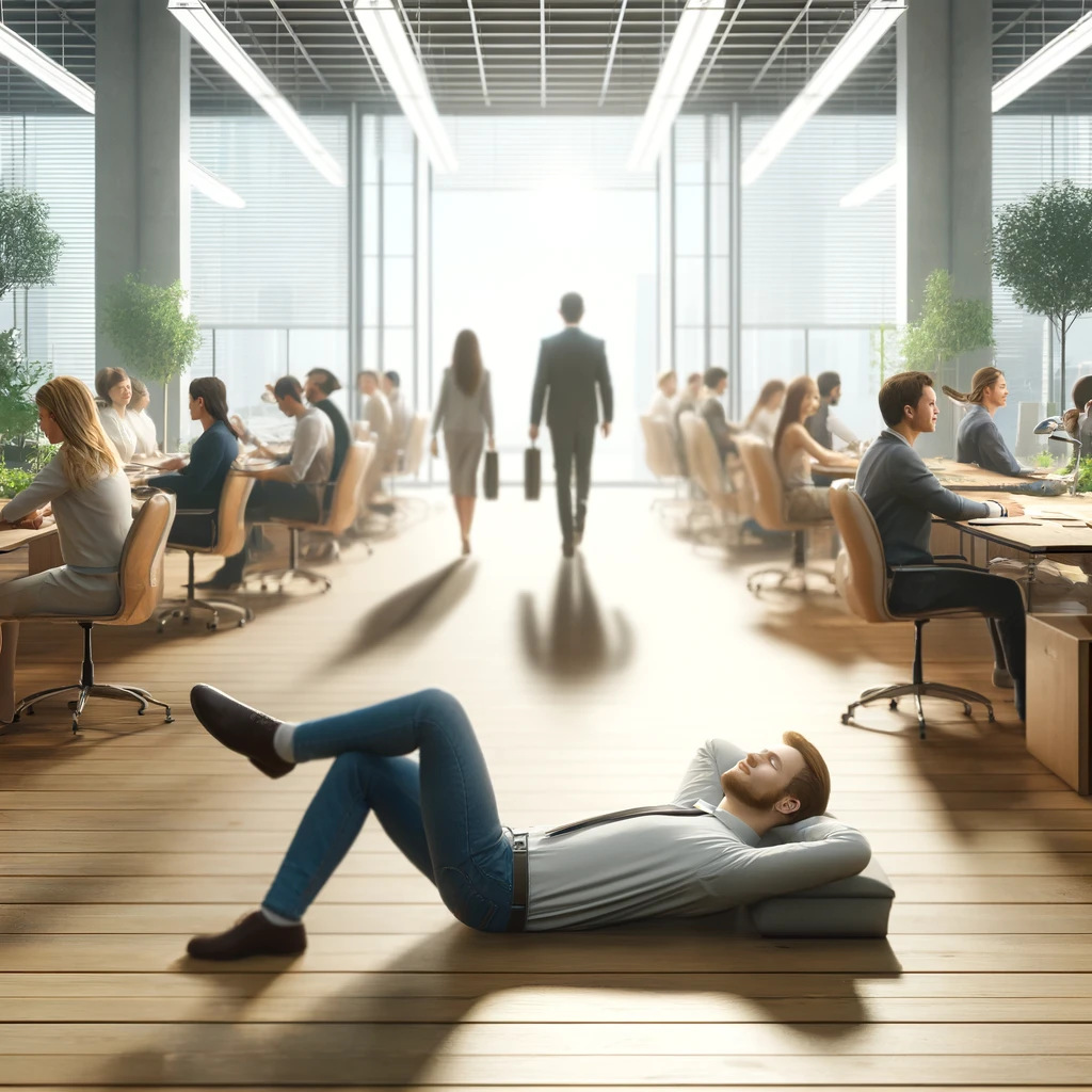 um ambiente de escritório moderno e colaborativo, que simboliza o equilíbrio e a flexibilidade no modelo de trabalho atualizado 6x1