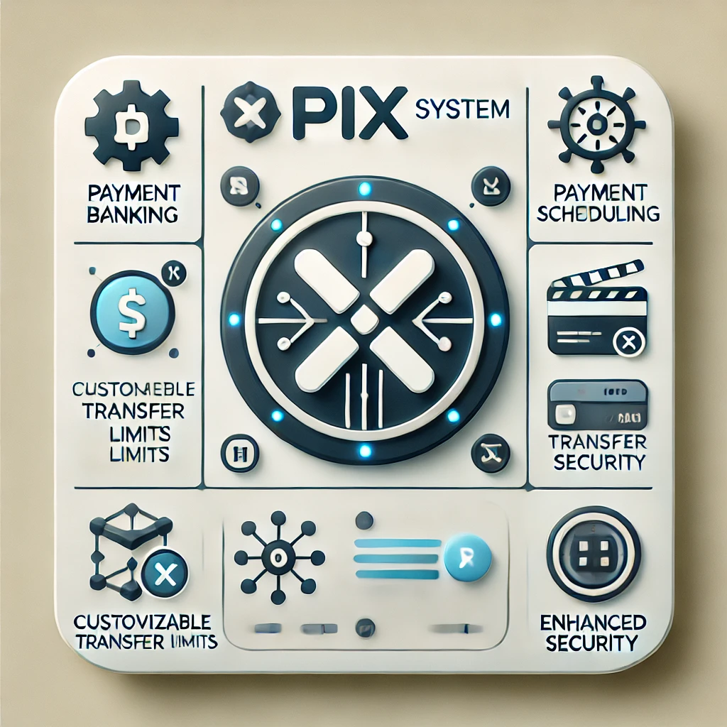 Interface digital em formato quadrado com o símbolo do Pix, destacando novas funcionalidades como agendamento de pagamentos e limites personalizáveis, simbolizando uma experiência segura e prática para o usuário