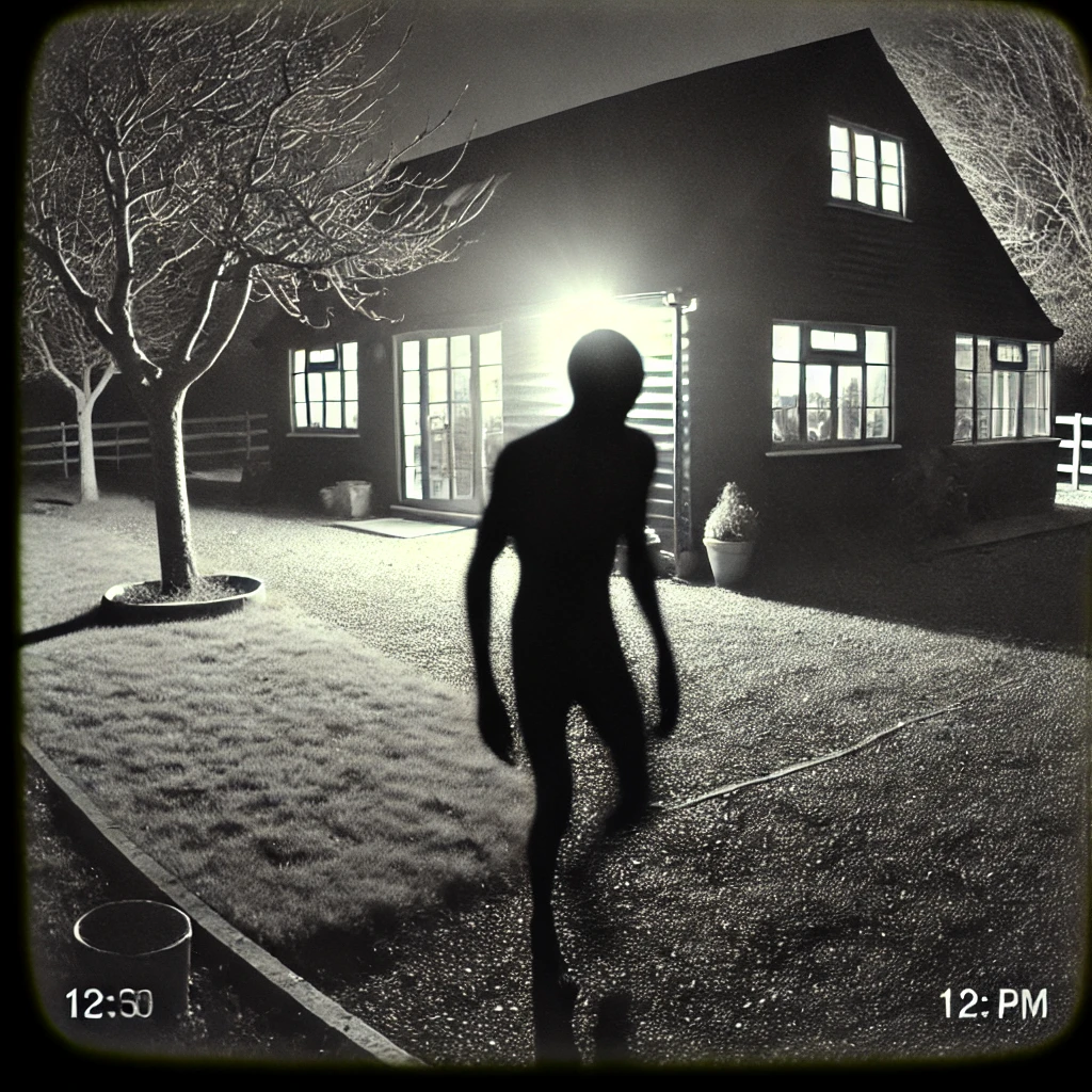 câmera de segurança mostrando uma criatura sombria do lado de fora de uma casa rural à noite, com sombras e iluminação baixa, sugerindo mistério e suspense