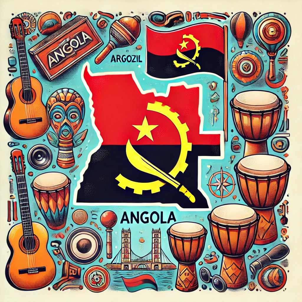 Ilustração quadrada combinando elementos representativos de Angola, incluindo pratos tradicionais, instrumentos musicais e um mapa destacando Angola na África, simbolizando a cultura