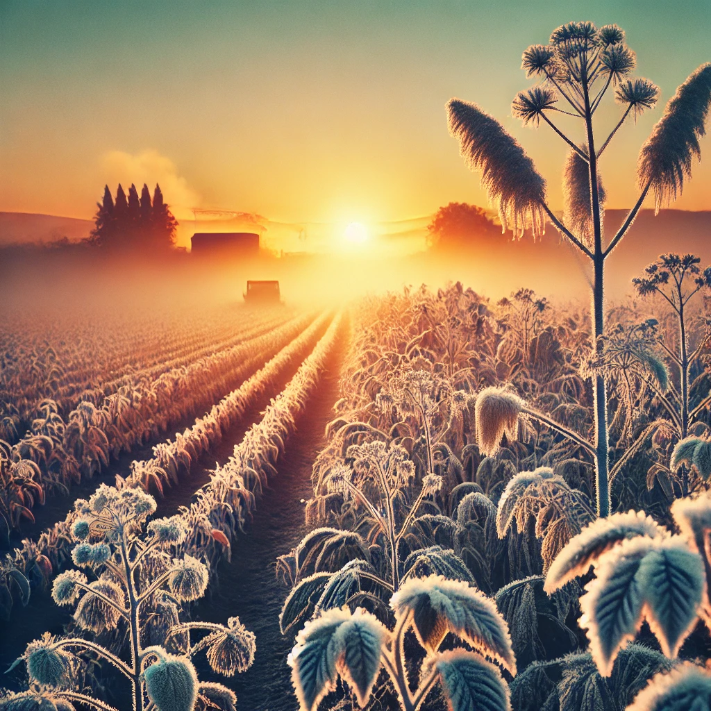 manhã fria de outubro no Brasil, com plantas cobertas de geada em um campo agrícola, ilustrando o impacto do frio incomum na agricultura