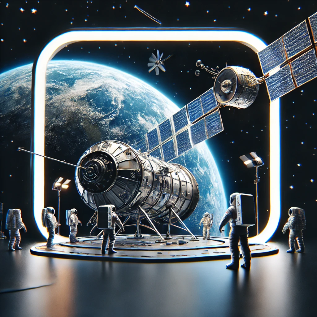 Imagem quadrada de uma nave espacial em órbita, com a Terra ao fundo e astronautas próximos, representando os desafios e a tensão de uma missão de resgate espacial