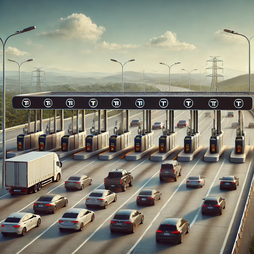 pedágio moderno sem barreiras, com carros passando por um sistema automatizado de sensores e câmeras, destacando a inovação e a eficiência nas estradas brasileiras