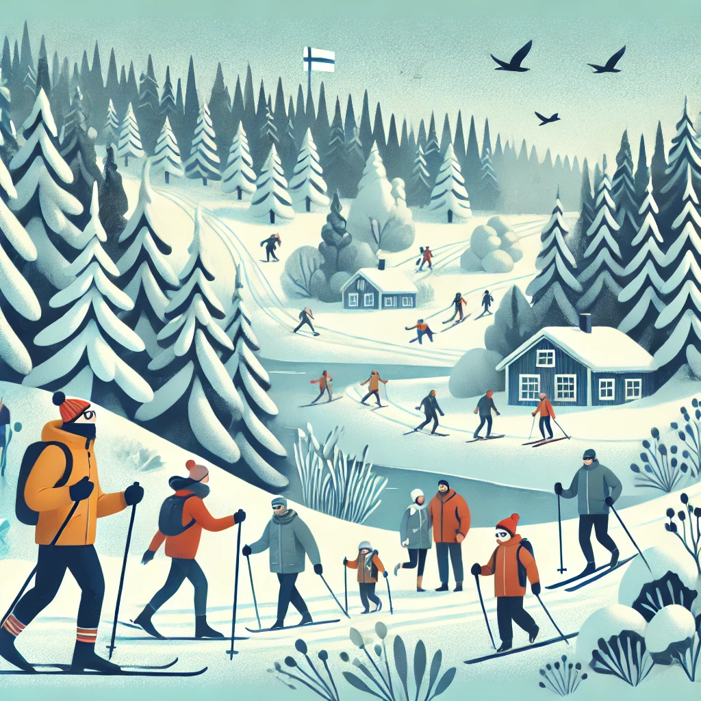 DALL·E-2024-11-01-00.03.50-A-winter-scene-of-people-in-Finland-enjoying-outdoor-activities-such-as-skiing-and-walking-in-snowy-forests-highlighting-the-Finnish-connection-with Qual é o País Mais Feliz do Mundo? Qual o Segredo?