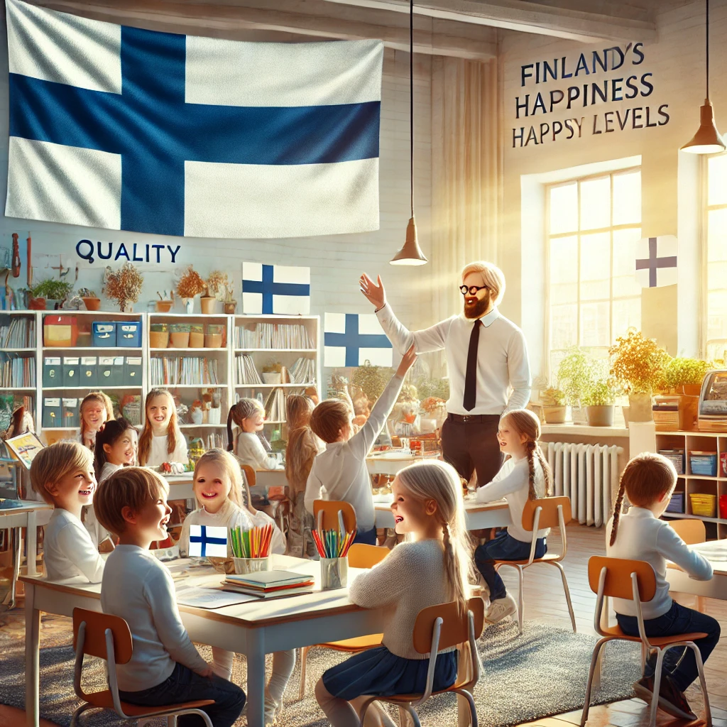 DALL·E-2024-11-01-00.03.53-A-Finnish-classroom-scene-with-children-happily-learning-and-collaborating-representing-the-quality-education-system-that-contributes-to-Finlands-hi Qual é o País Mais Feliz do Mundo? Qual o Segredo?