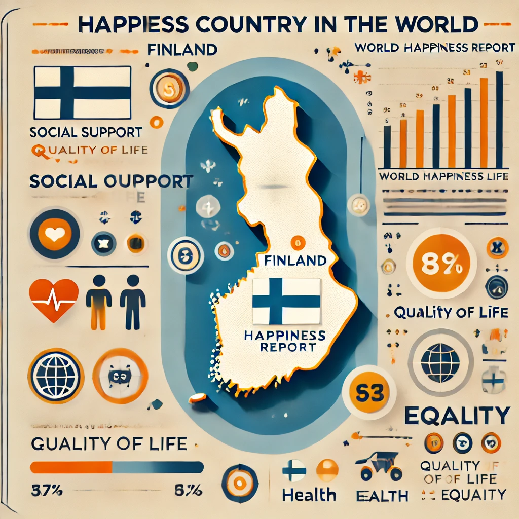 DALL·E-2024-11-01-00.03.57-An-educational-infographic-illustrating-Finlands-ranking-as-the-happiest-country-in-the-world-according-to-the-World-Happiness-Report.-The-design-inc Qual é o País Mais Feliz do Mundo? Qual o Segredo?