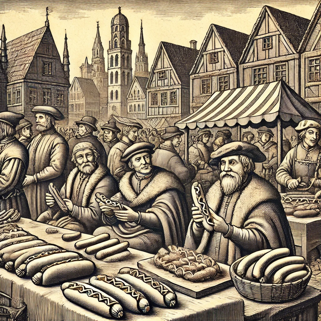 DALL·E-2024-11-01-00.12.45-A-historic-illustration-of-15th-century-Germany-showing-people-eating-sausages-in-bread-depicting-the-early-origins-of-the-hot-dog-in-German-culture Qual Origem do Cachorro-Quente? Invenção da Terra de Hitler?