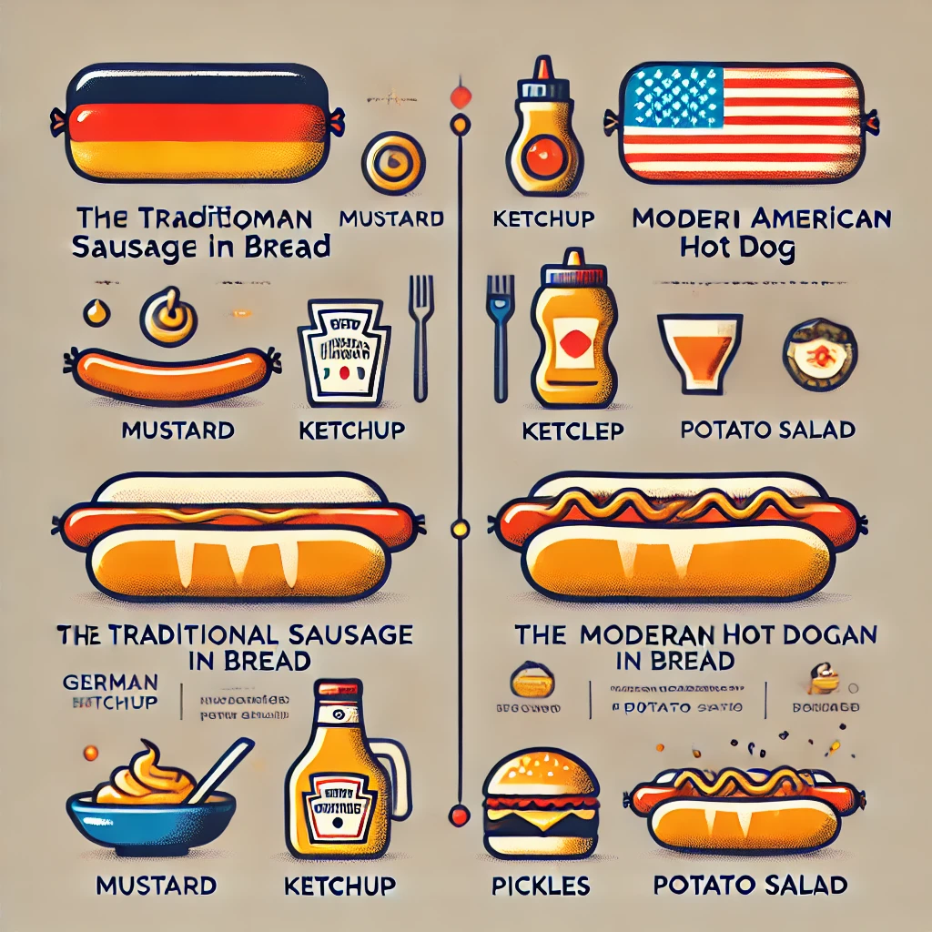 DALL·E-2024-11-01-00.12.49-An-educational-infographic-comparing-the-traditional-German-sausage-in-bread-and-the-modern-American-hot-dog-highlighting-differences-in-ingredients- Qual Origem do Cachorro-Quente? Invenção da Terra de Hitler?