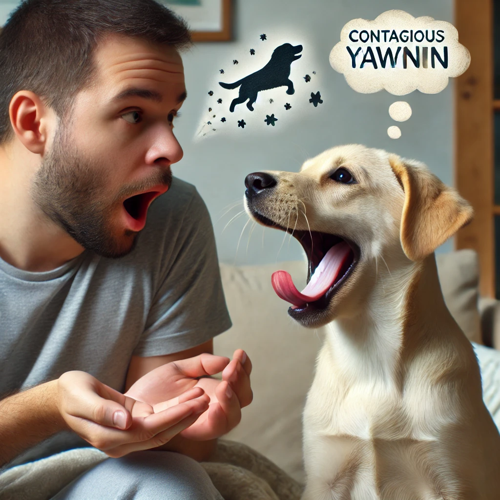 DALL·E-2024-11-01-00.21.45-An-image-showing-a-person-looking-at-a-pet-dog-yawning-illustrating-contagious-yawning-between-humans-and-animals.-The-person-starts-to-yawn-while-ob Por Que Bocejamos Quando Vemos Outras Pessoas Bocejando?