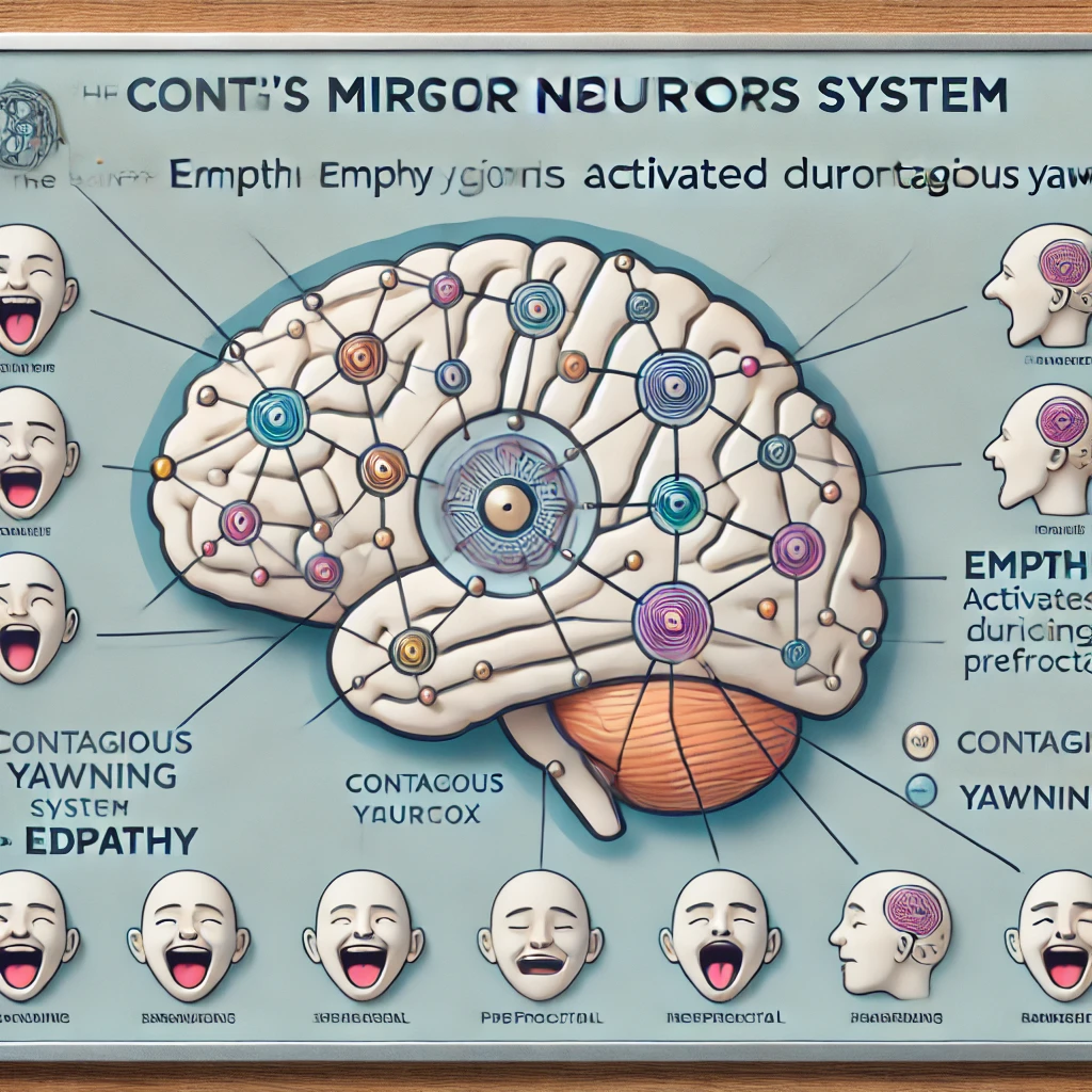 DALL·E-2024-11-01-00.21.47-An-educational-diagram-of-the-brains-mirror-neuron-system-with-a-focus-on-regions-activated-during-contagious-yawning.-The-diagram-is-simple-with-c Por Que Bocejamos Quando Vemos Outras Pessoas Bocejando?