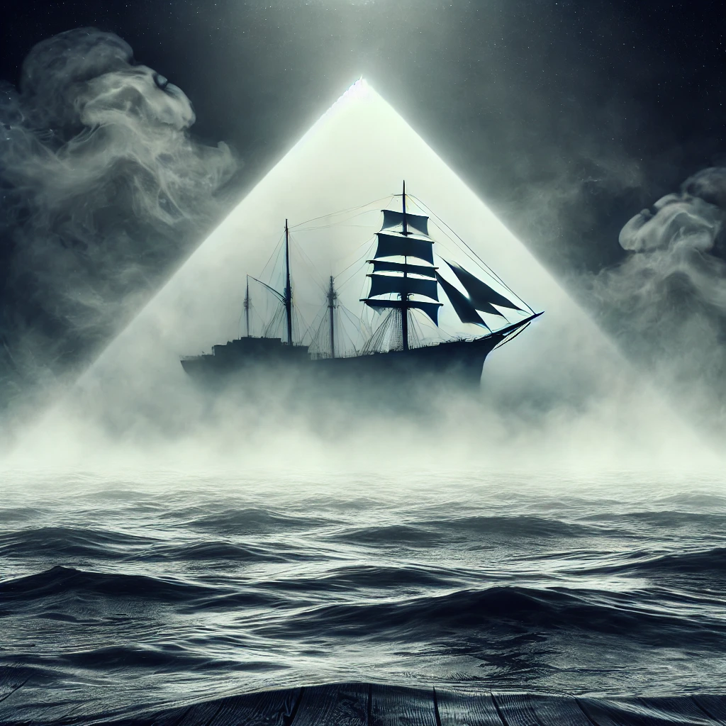 DALL·E-2024-11-01-00.26.58-An-artistic-representation-of-a-ghostly-ship-disappearing-into-the-misty-waters-of-the-Bermuda-Triangle-symbolizing-the-mysterious-disappearances.-Th Triângulo das Bermudas: Área Mais Enigmática do Planeta!